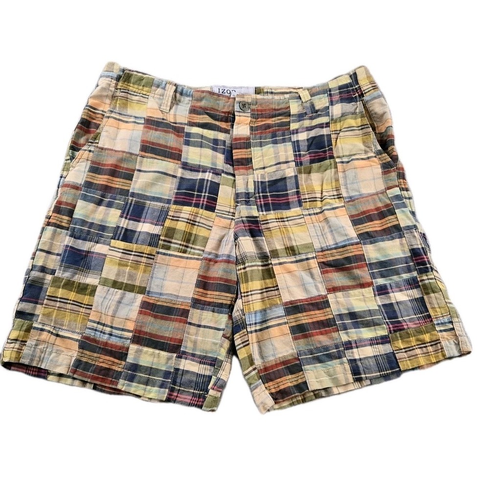 IZOD Men's Chino Shorts Striped Patchwork Pattern Flat Front 10" Inseam Size 38